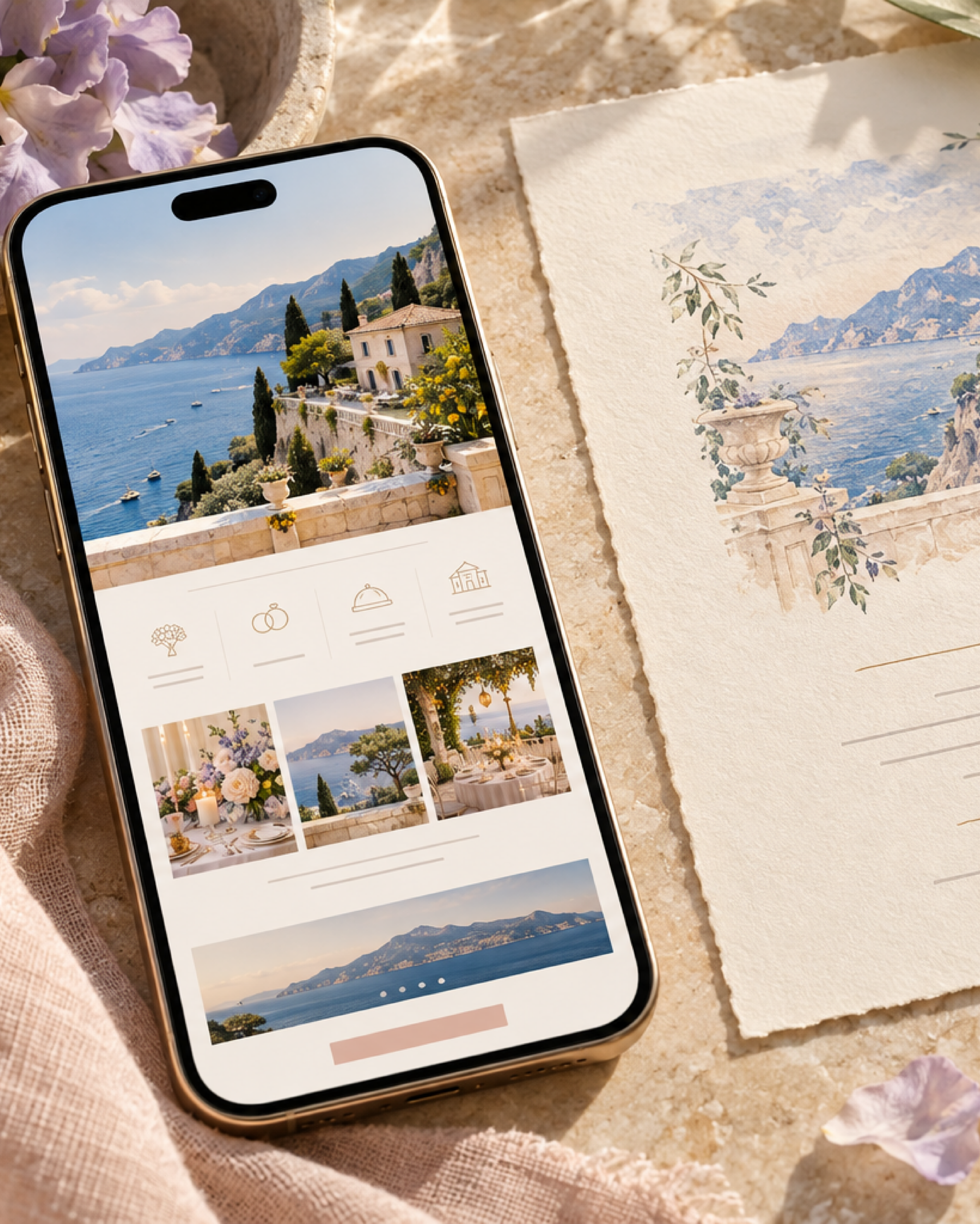 Sito web per matrimonio visualizzato su smartphone, accanto a una partecipazione coordinata su carta