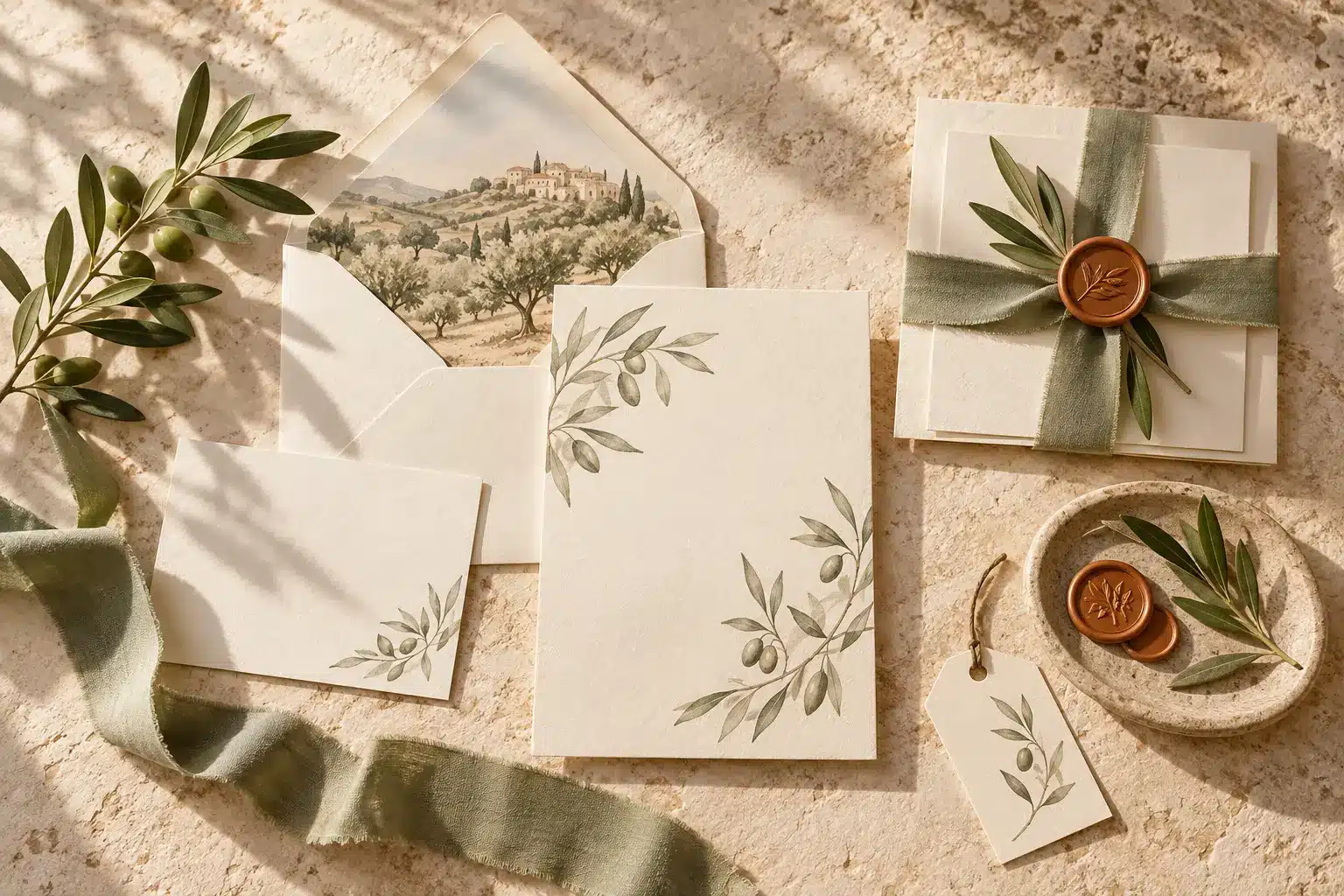 Progetti di wedding stationery con partecipazioni illustrate e dettagli di ulivo