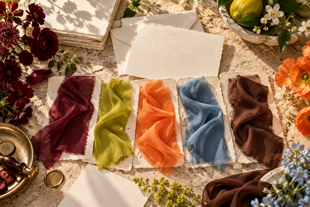 Colori matrimonio 2027: campioni Garnet, Chartreuse, Papaya, Dusty Blue e Chestnut su carta avorio