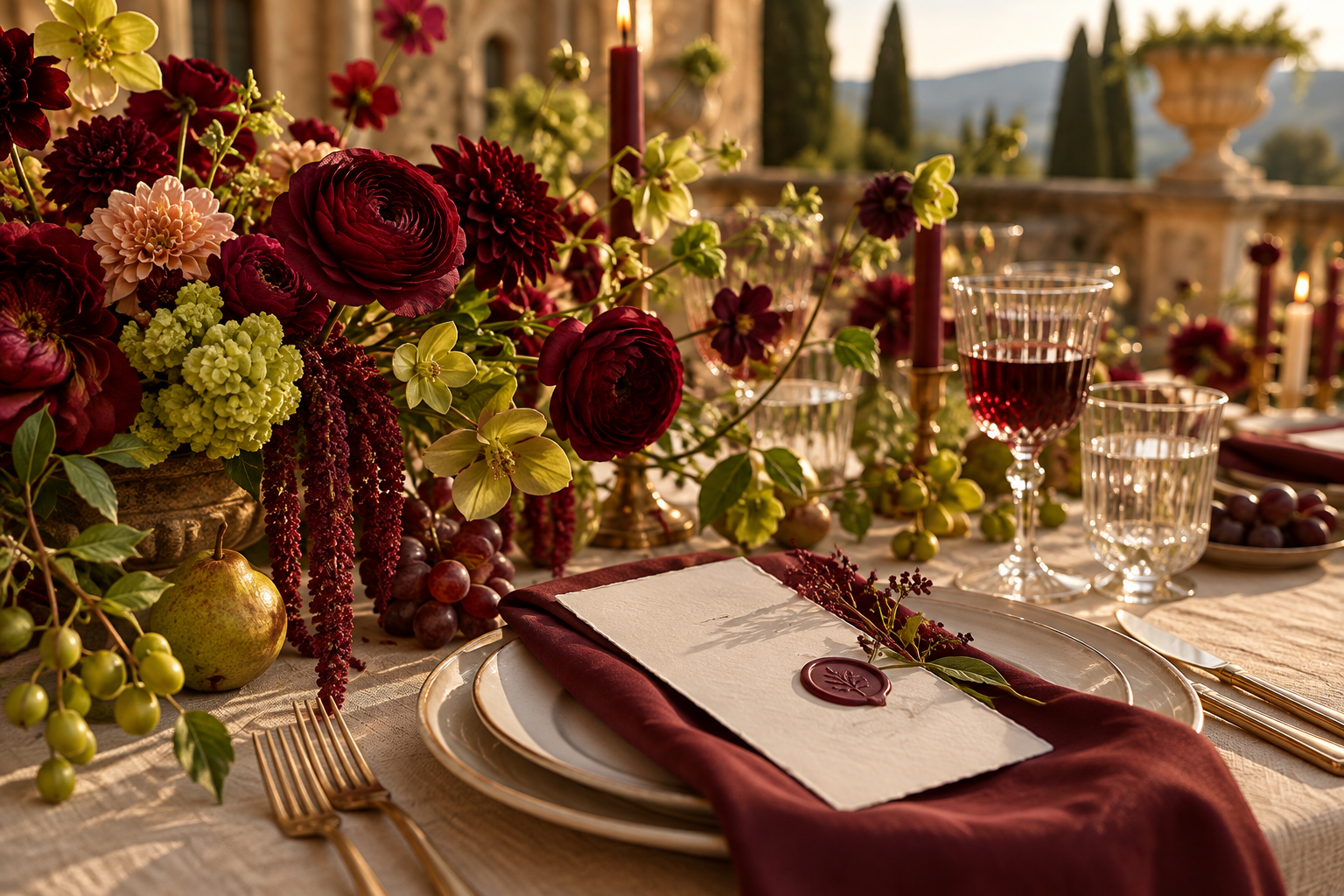 Composizione floreale e menu color Garnet con accenti Chartreuse su una tavola all’aperto