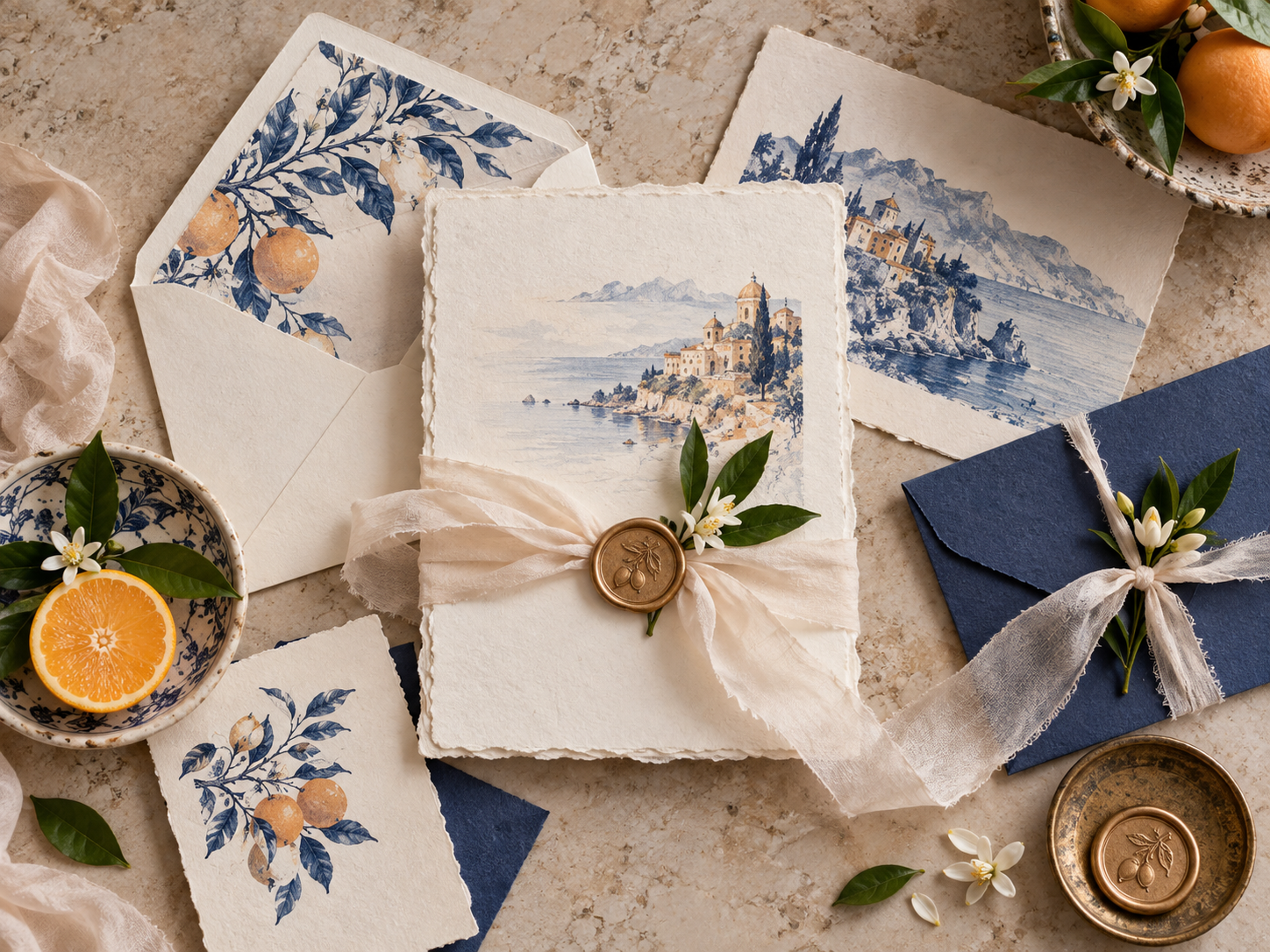 Partecipazioni artigianali per una wedding stationery su misura ispirata al Mediterraneo; Idee matrimonio: partecipazioni con illustrazioni della Sicilia, nastro e sigillo in ceralacca